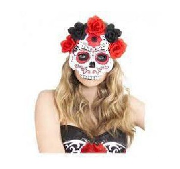 MASCARA CATRINA CON FLORES ROJAS-NEGRAS