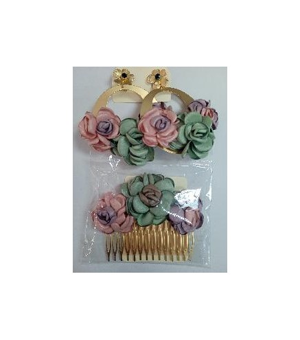 SET PEINETA CON PENDIENTES DE ARO FLORES MALVA Y VERDE PASTEL