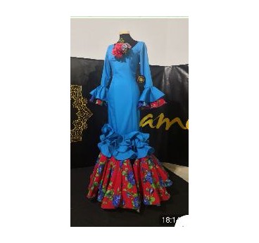 VESTIDO SEVILLA AZUL TURQUESA ESTAMPADO ROJO T-42