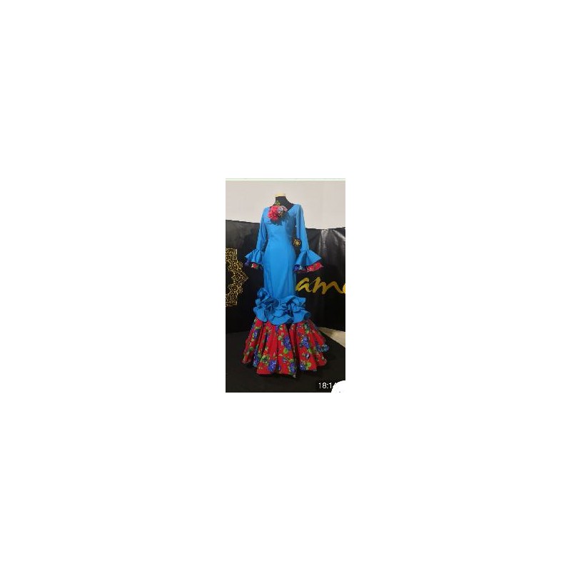 VESTIDO SEVILLA AZUL TURQUESA ESTAMPADO ROJO T-42