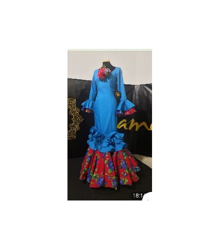 VESTIDO SEVILLA AZUL TURQUESA ESTAMPADO ROJO T-42