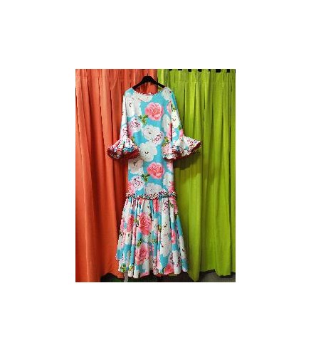 VESTIDO PASION AZUL TURQUESA FLORES CARMESI T-46