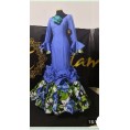 VESTIDO SEVILLA AZUL Y ESTAMPADO FLORES VERDE T-38