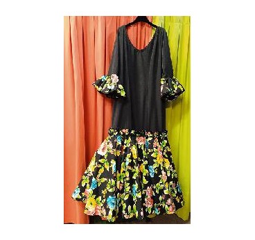 VESTIDO PASION NEGRO VOLANTE ESTAMPADO FLORES T50