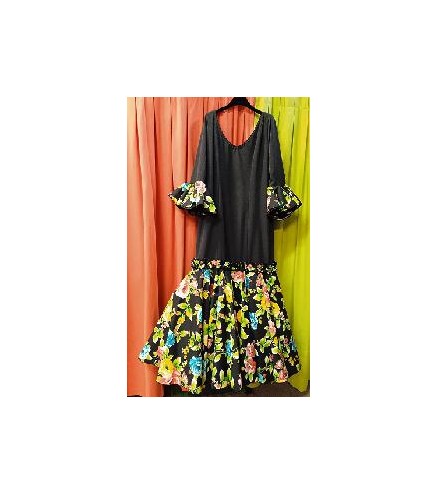 VESTIDO PASION NEGRO VOLANTE ESTAMPADO FLORES T50