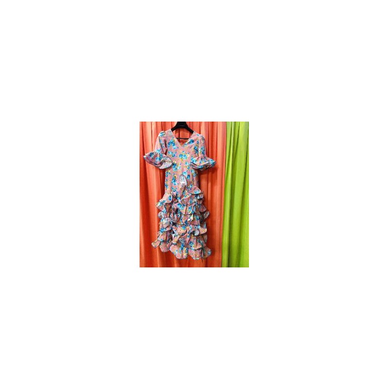 VESTIDO ALCAZAR SALMON ESTAMPADO FLORES ROSAS AZULES T-30