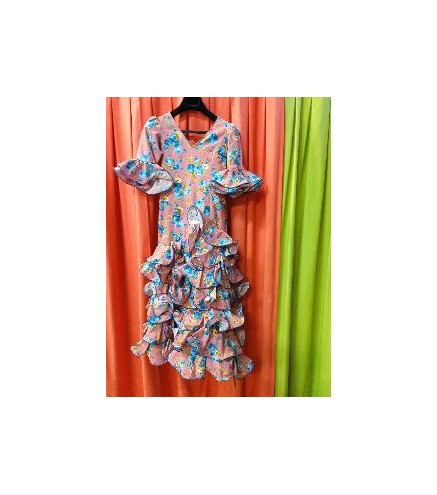 VESTIDO ALCAZAR SALMON ESTAMPADO FLORES ROSAS AZULES T-30