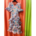 VESTIDO ALCAZAR SALMON ESTAMPADO FLORES ROSAS AZULES T-30