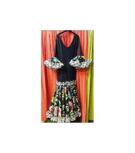 VESTIDO RELINHO NEGRO Y ESTAMPADO FLORES T-44