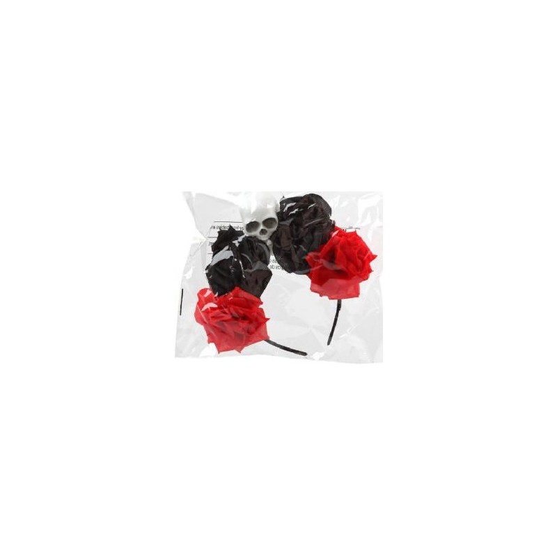 DIADEMA CALAVERA CON FLORES NEGRA Y ROJA