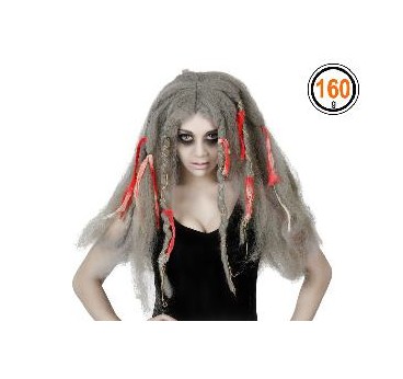 -PELUCA MELENA LARGA GRIS CON MECHAS ROJAS