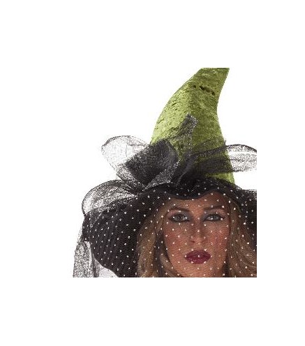 -SOMBRERO BRUJA VERDE Y NEGRO CON VELO DE PERLAS