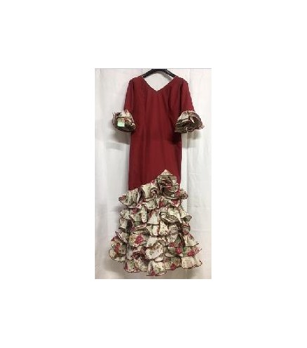 VESTIDO FLAMENCO GRANATE ESTAMPADO SEIS VOLANTES T-42